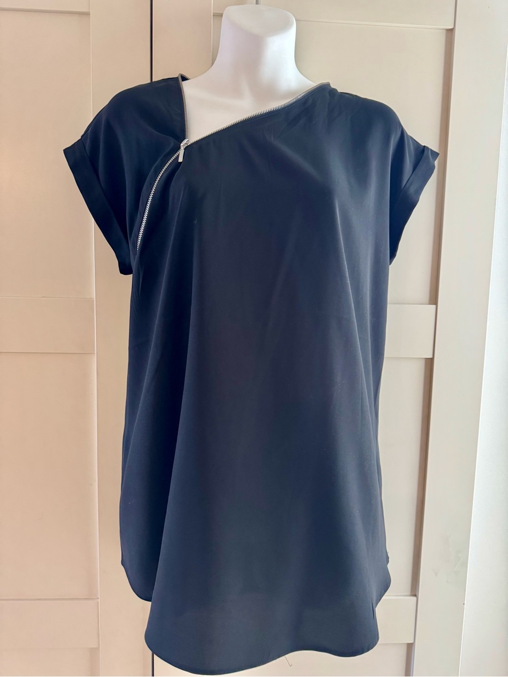 Express Black Short-Sleeve Top with Asymmetric Zip